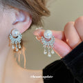 White Pearl Silver Crystal Fringe Statement Stud Earrings view 4
