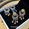 White Pearl Silver Crystal Fringe Statement Stud Earrings view 1