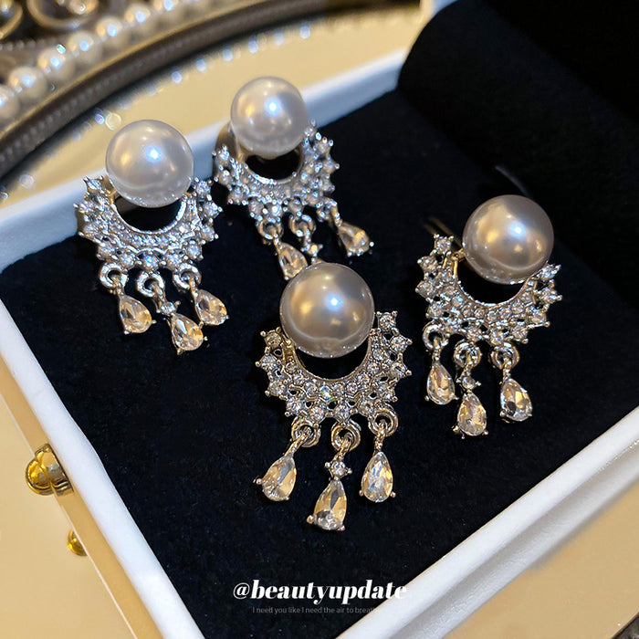 White Pearl Silver Crystal Fringe Statement Stud Earrings