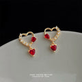 Gold Open Heart Red Crystal Drop Stud Earrings Pair view 3