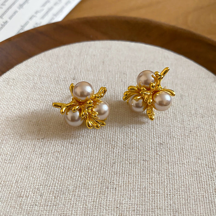 Gold Tone Pearl Cluster Flower Stud Earrings Matching Jewelry Pair