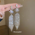 Crystal Flower Long Fringe Statement Drop Earrings view 4