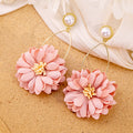 Pink Fabric Flower Gold Oval Pearl Look Stud Earrings view 4