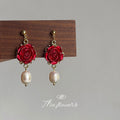 Red Rose Enamel Drop Earrings With White Pearl Dangle view 4