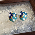 Gold Edged Blue Teal And White Floral Oval Dome Stud Earrings view 4