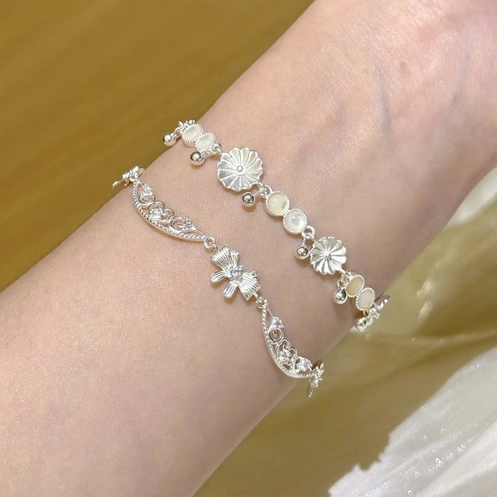 Silver CZ Bow Openwork Lace Adjustable Bracelet Chain