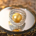 Gold Pearl and Layered Crystal Curve Ring With Clear Crystal Accents view 3