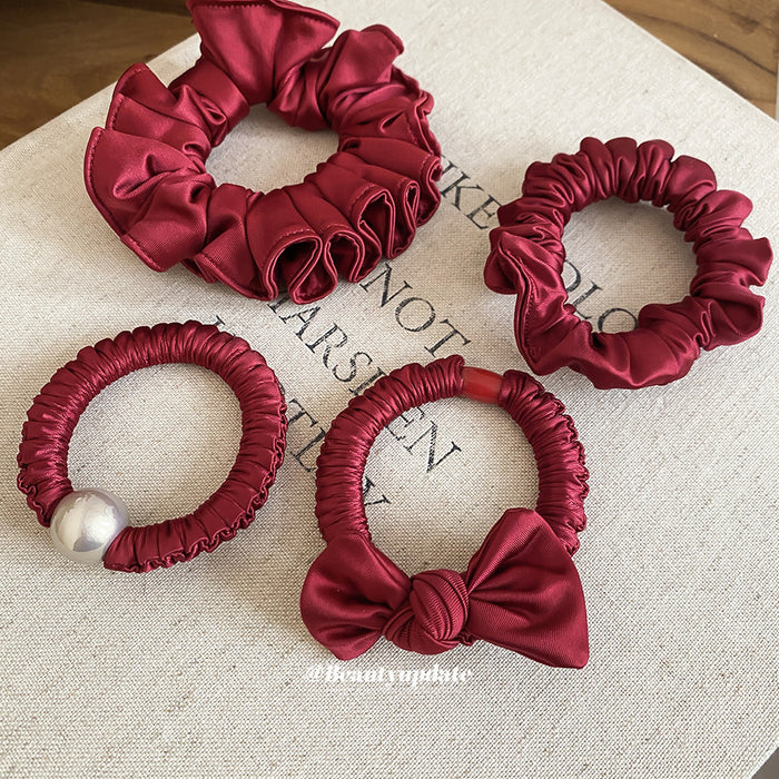 Burgundy Satin Scrunchie Hair Ties Four Style Pack