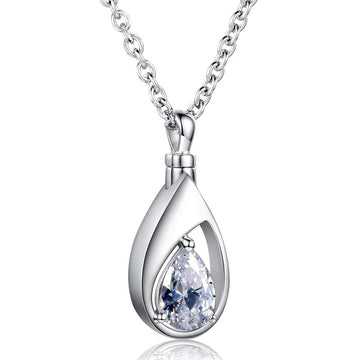 Silver Tone Teardrop Pendant Necklace with Pear Clear Stone