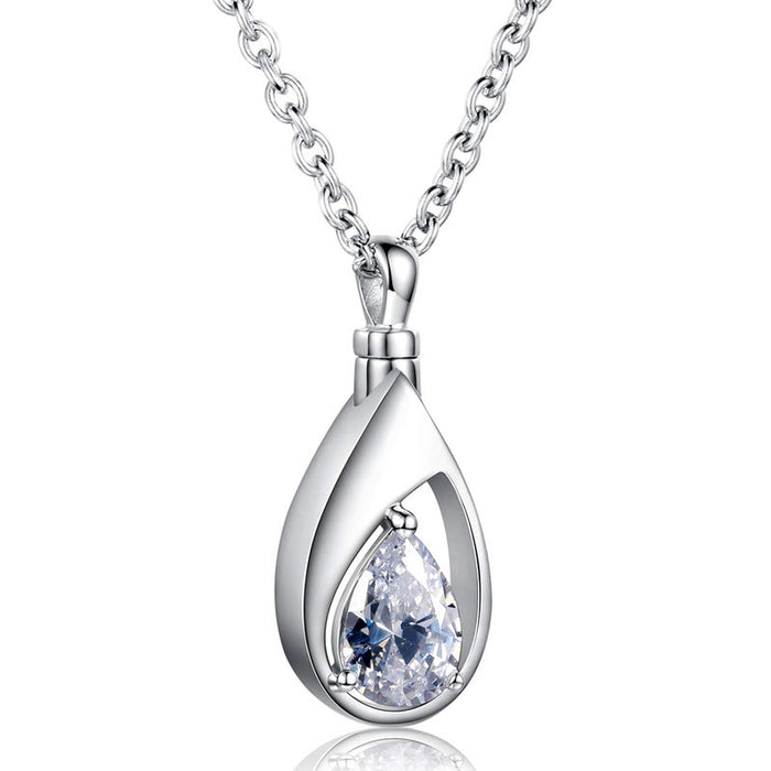 Silver Tone Teardrop Pendant Necklace with Pear Clear Stone