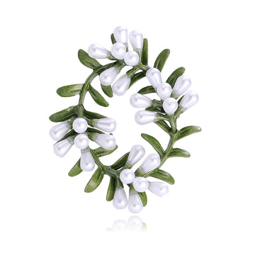 Green and White Floral Wreath Pearl Look Brooch Pin
