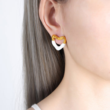 Heart Enamel Stud Earrings Gold Steel Blue White Brown