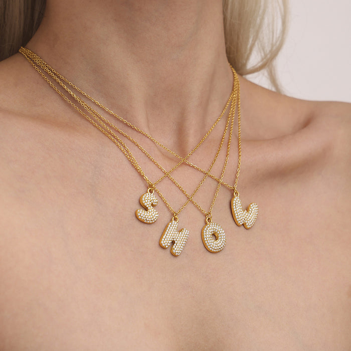 Puffy Zircon Letter Pendant Necklace Gold And Steel Tone