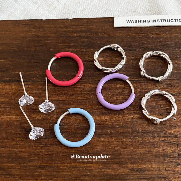 Enamel Huggie Crystal Stud Twisted Hoop Earring Sets