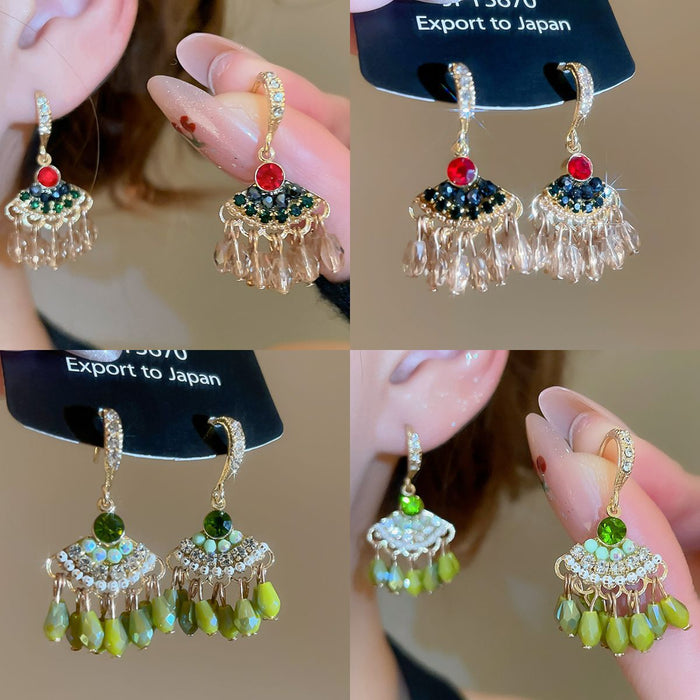 Multicolor Fan Chandelier Earrings With Beaded Fringe