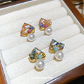 Gold Geometric Crystal Stud Earrings With White Pearl Drops view 3