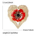Gold Heart Red Enamel Poppy Flower Brooch Black Center view 5