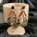 Black Gold Crescent Moon Orange Bead Dangle Earrings view 2