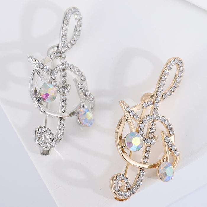 Rhinestone Treble Clef Brooch AB Crystal Notes Gold Silver