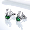 Silver Tone Reindeer Stud Earrings with Green Round Stones view 2