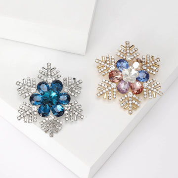 Crystal Snowflake Brooch with Blue or Multicolor Floral Center