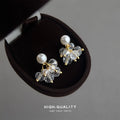 Gold Tone Clear Stone Cluster Pearl Like Top Stud Earrings view 4