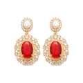 Gold Tone Red Oval Crystal Drop Earrings with Clear Halos view 5