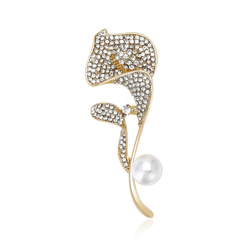 Pave Calla Lily Brooch Pearl Drop Silver and Gold Tone