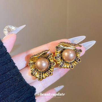 Vintage Gold Tone Ornate Pearl Medallion Stud Earrings
