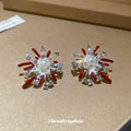Silver Tone Red Crystal Firework Pearl Stud Earrings view 3