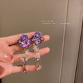 Purple Flower and Crystal Long Drop Earrings Fashion Jewelry Accessories view 2