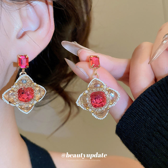Gold Tone Red Crystal and Rose Flower Drop Stud Earrings