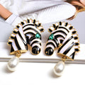 Gold Tone Zebra Head Enamel Pearl Drop Earrings Green Eye view 1