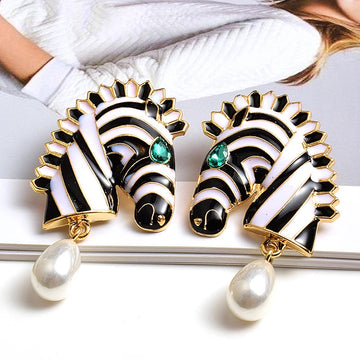 Gold Tone Zebra Head Enamel Pearl Drop Earrings Green Eye