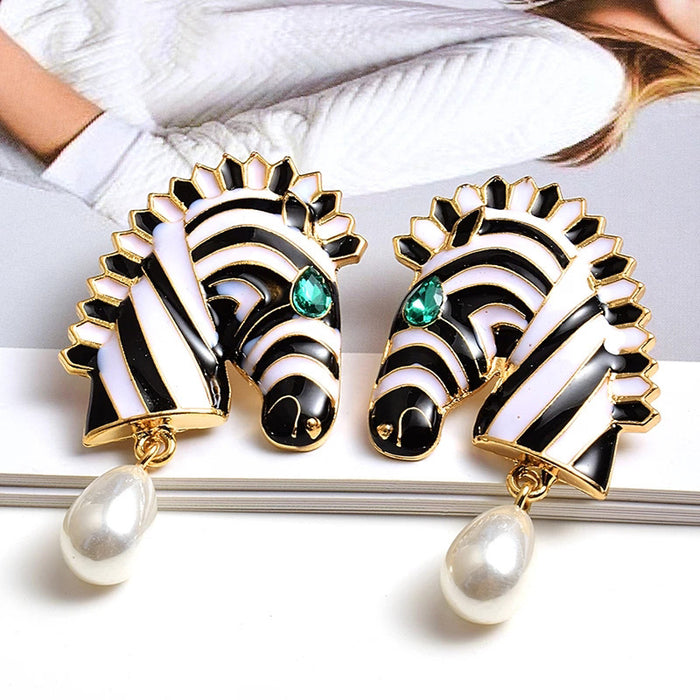 Gold Tone Zebra Head Enamel Pearl Drop Earrings Green Eye