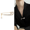 Crystal Safety Pin Brooch with Pearl Drop in Three Tones view 1