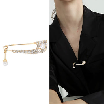 Crystal Safety Pin Brooch with Pearl Drop in Three Tones