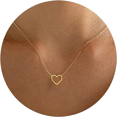Product view showing a fine chain centered by a smooth open heart outline