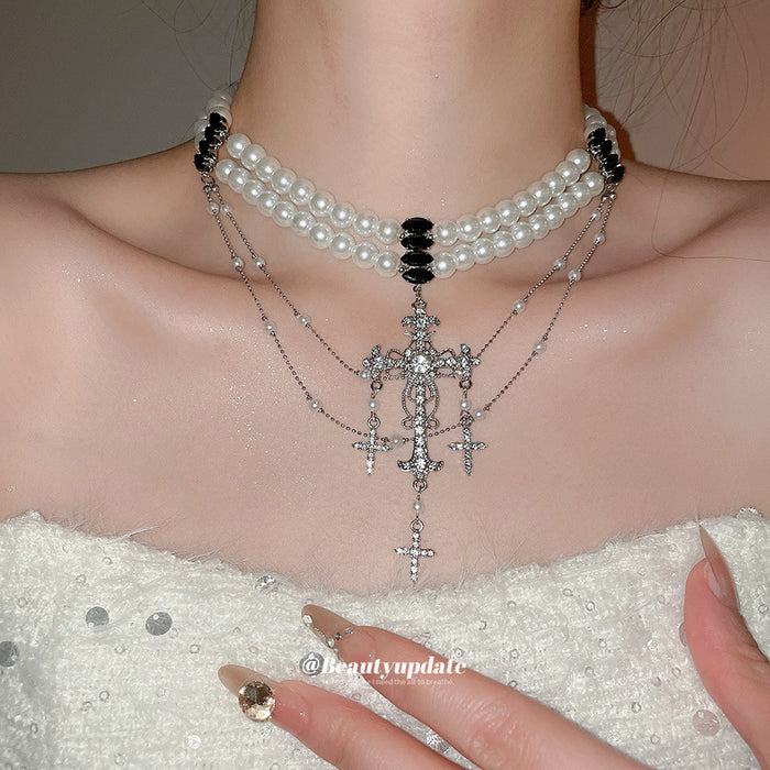 Layered White Pearl Necklace with Silver Tone Cross Charms