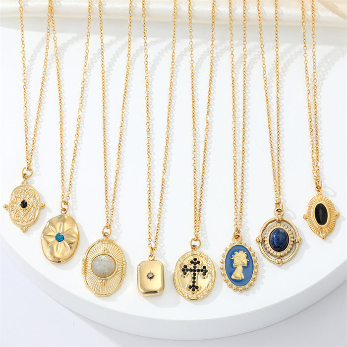 Gold Tone Oval and Rectangular Medallion Pendant Necklaces in Eight Designs