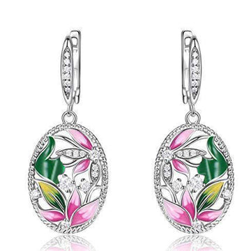 Silver Tone Pink Green Enamel Oval Flower Drop Earrings