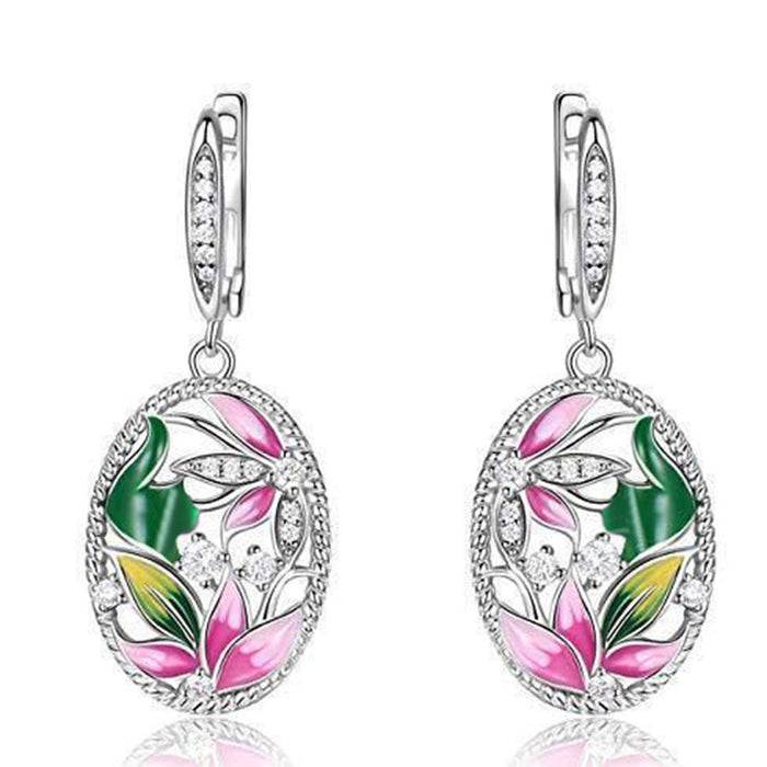Silver Tone Pink Green Enamel Oval Flower Drop Earrings