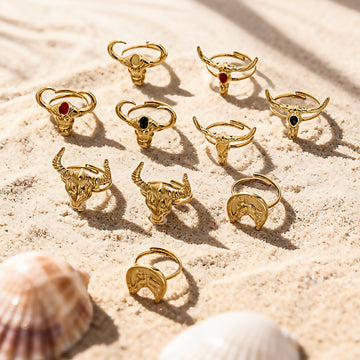 Sculpted Bull Head Open Rings With Red and Black Enamel Accents