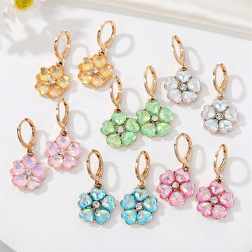Gold Tone Iridescent Crystal Flower Huggie Drop Earrings in Six Colors