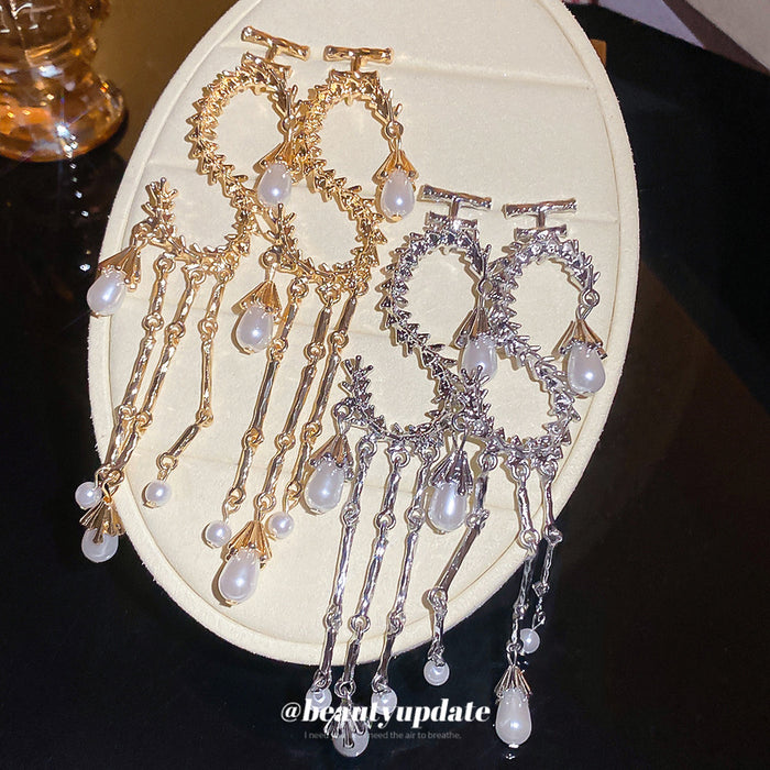 Pearl and Crystal S Shaped Tassel Earrings Fashion Jewelry