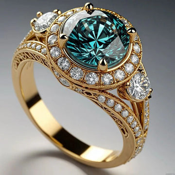 Gold Teal Center Halo Side Stone Filigree Finger Ring