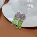 Purple Double Flower Green Crystal Look Fringe Earrings view 2