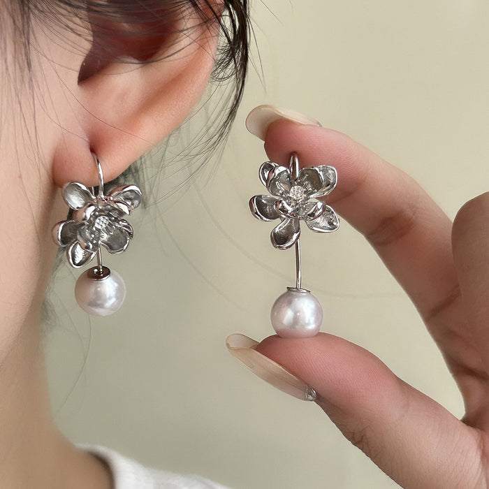 Silver Flower Pearl Look Long Curved Hook Drop Earrings
