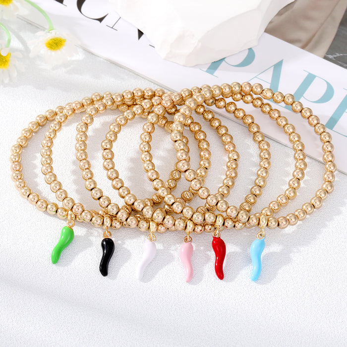Gold Tone Beaded Colorful Chili Pepper Charm Stretch Bracelets