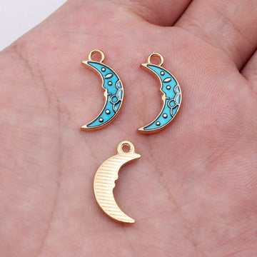 Gold Tone Crescent Moon Charms in Blue and Purple Enamel